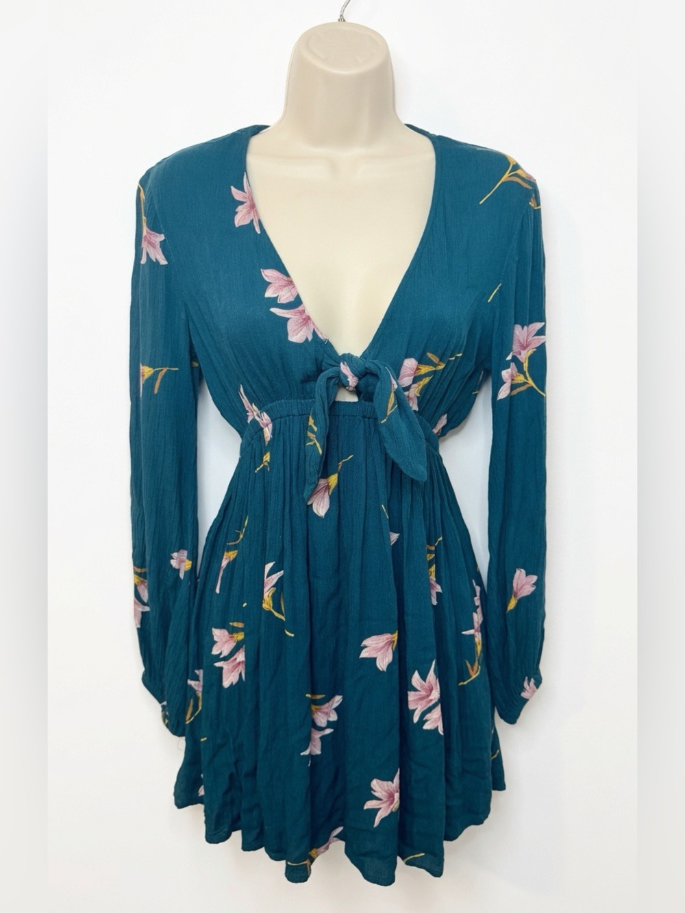 Billabong XS Teal Floral Long Sleeve Mini Dress V-Neck Front Tie Boho